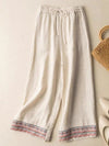 Women's Wide Leg Pants with Embroidered Hem, Cotton Linen