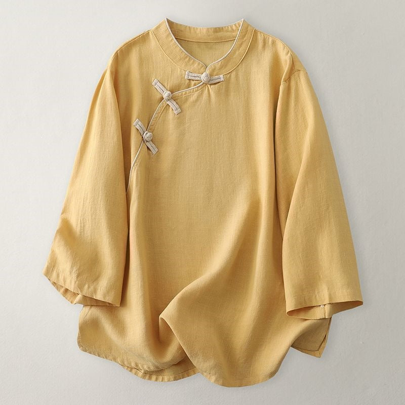 Relaxed Linen Blend Top with Traditional Knot Buttons