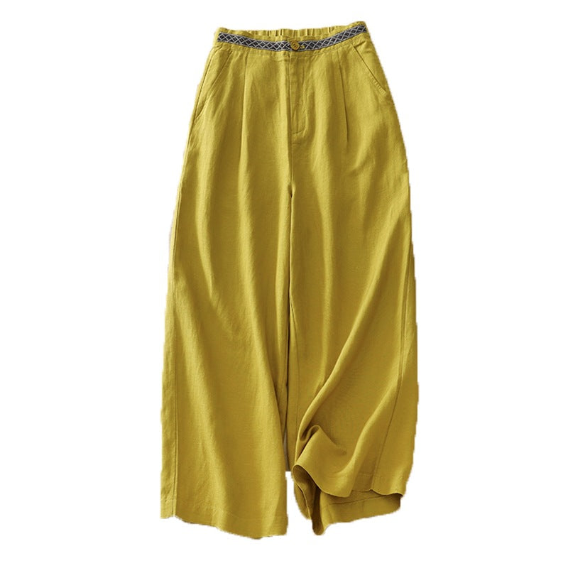 Yellow cotton linen wide leg cropped pants with a natural waist