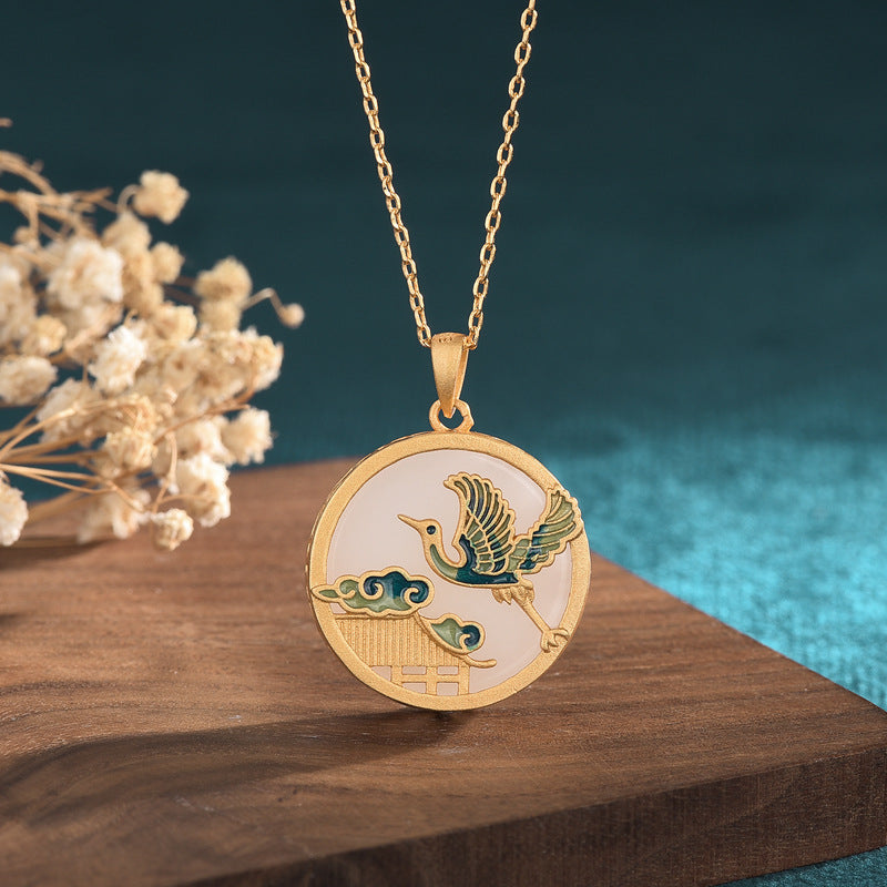 Gold-Tone Imitation Jade Peace Buckle Necklace, Chinese Style Pendant