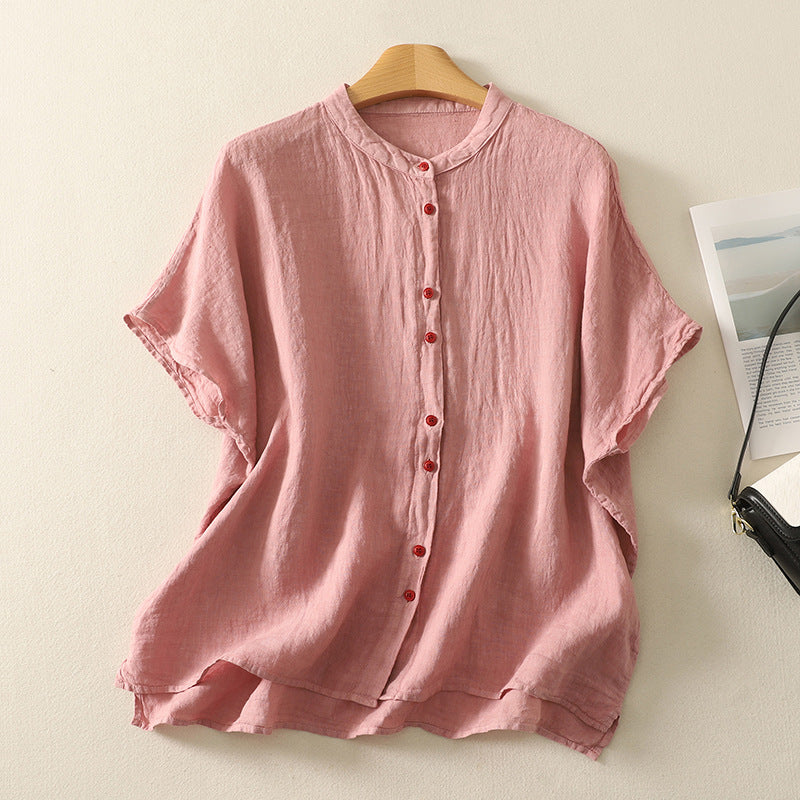 Women's Cotton Linen Short Sleeve Shirt Plain Summer Top