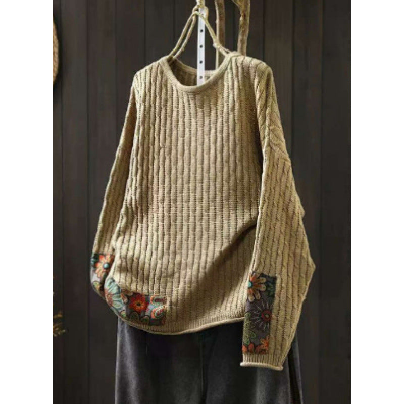 Winter Patchwork Design Long Sleeve Crew Neck Women's Sweater