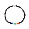 Close-up view of a black tourmaline bracelet with a row of rainbow colored stones on a light background