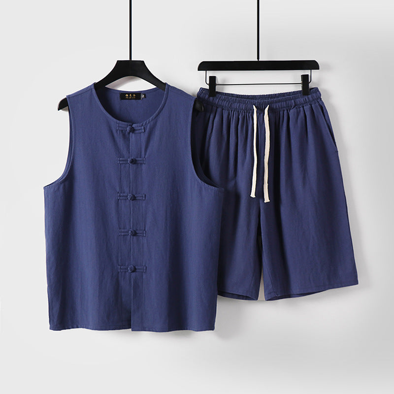 Blue cotton linen sleeveless vest and shorts set hanging on hangers