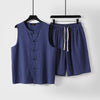 Blue cotton linen sleeveless vest and shorts set hanging on hangers