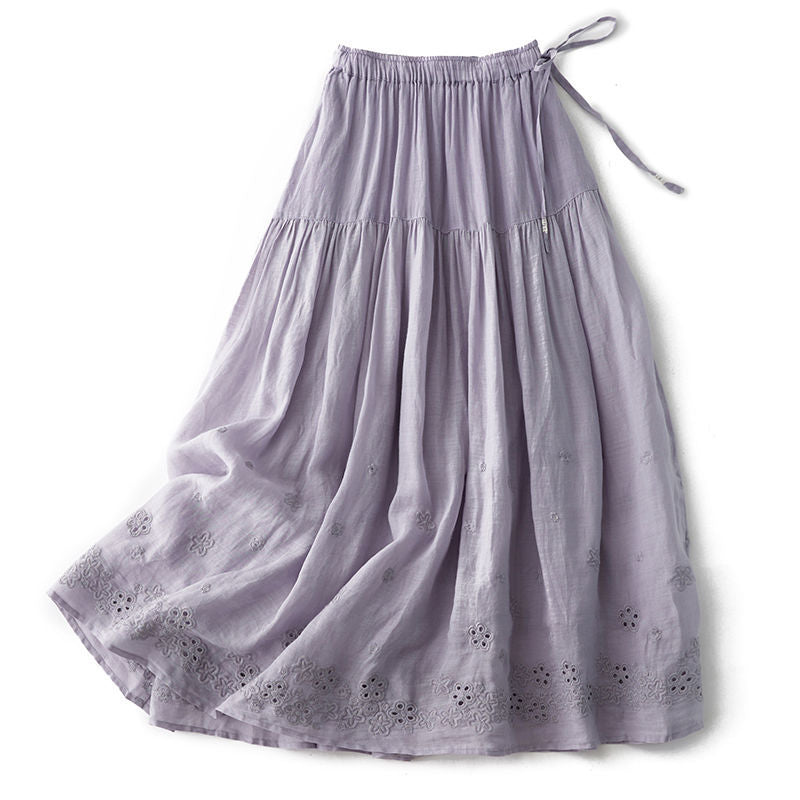 Purple cotton A-line skirt with embroidery and drawstring waist