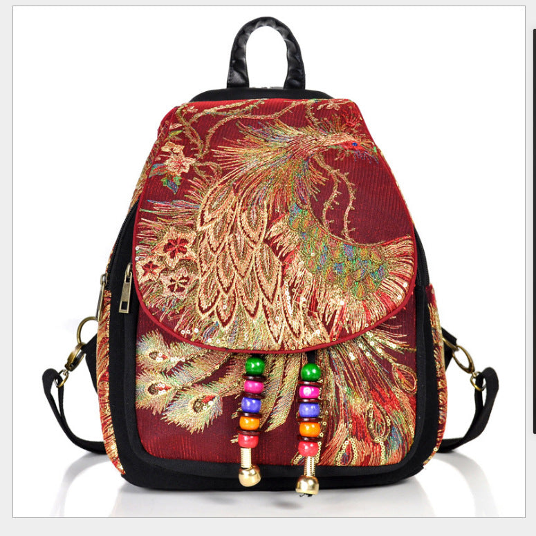 Peacock Embroidery Canvas Tassel Backpack