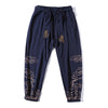 Men's Harem Pants with Cloud Embroidery, Cotton Linen Drawstring Trousers
