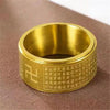 Gold titanium steel ring with engraved Heart Sutra text and zodiac symbol