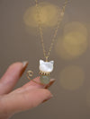 Cat Pendant Necklace Pearl Hetian Jade Shell Gold Tone