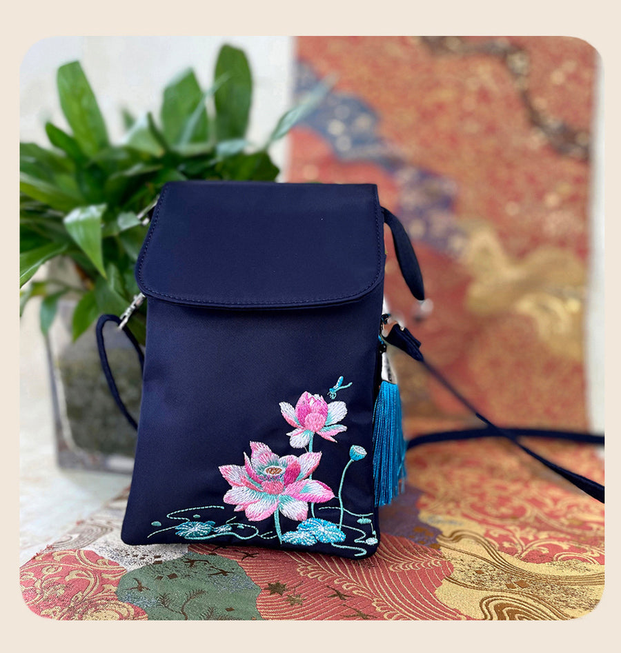 Embroidered Lotus Flower Crossbody Bag, Nylon Shoulder Cellphone Pouch