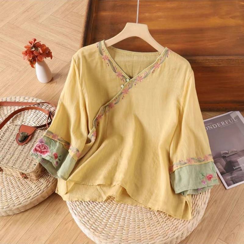 Embroidered Linen Top for Women, Traditional Chinese Style