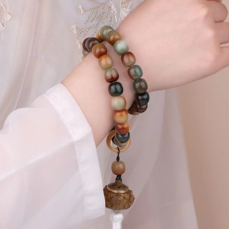 Weathered bodhi seed mala beads draped over a hand showing brown and green colors