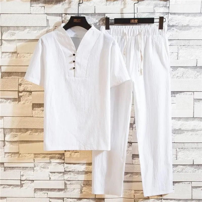 Men's Meditation Cloth Set: Linen-Blend T-Shirt and Pants