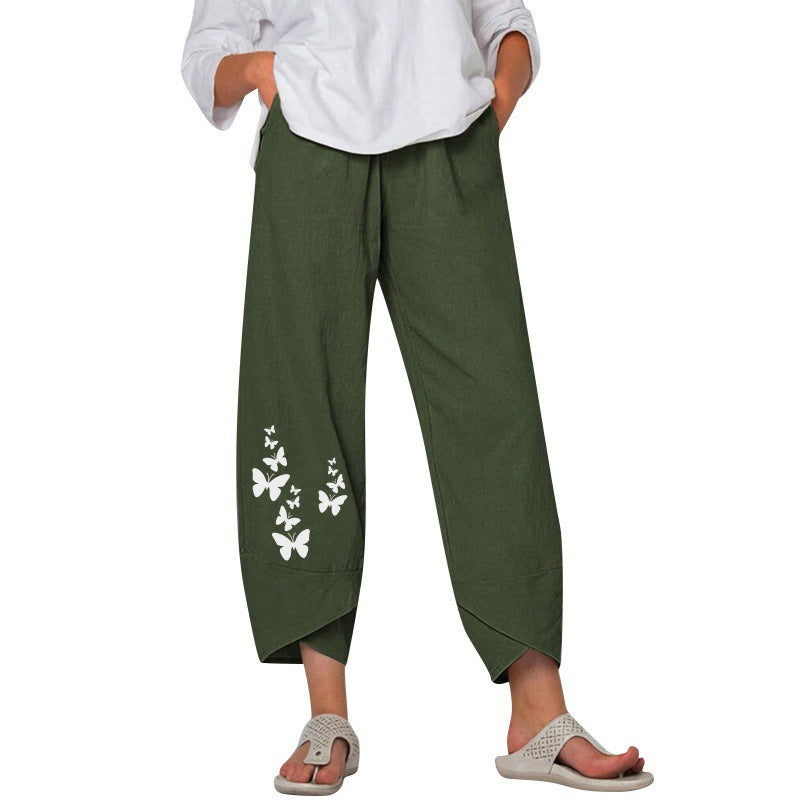 Women's Linen Harem Pants with Nature Prints, Loose Fit Capri Trousers