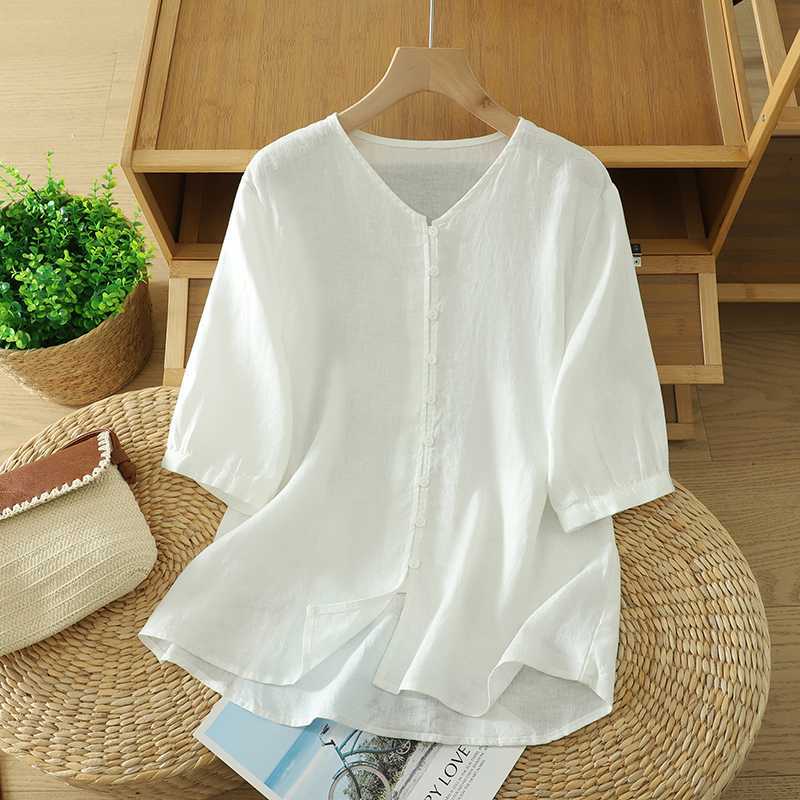 Women's Cotton Linen V-Neck Half Sleeve Shirt