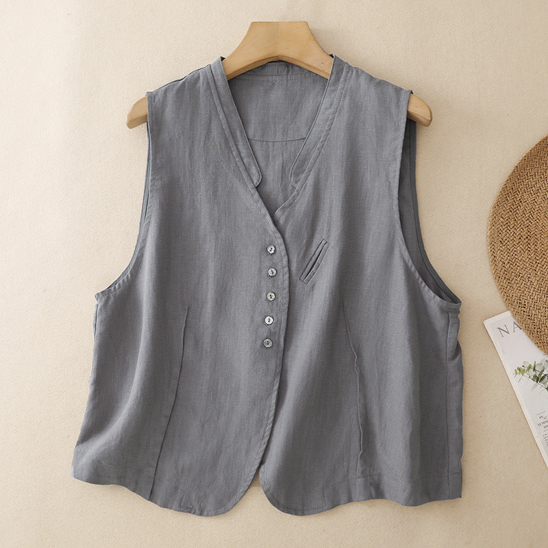 Grey cotton linen sleeveless vest with V-neck and buttons on a hanger