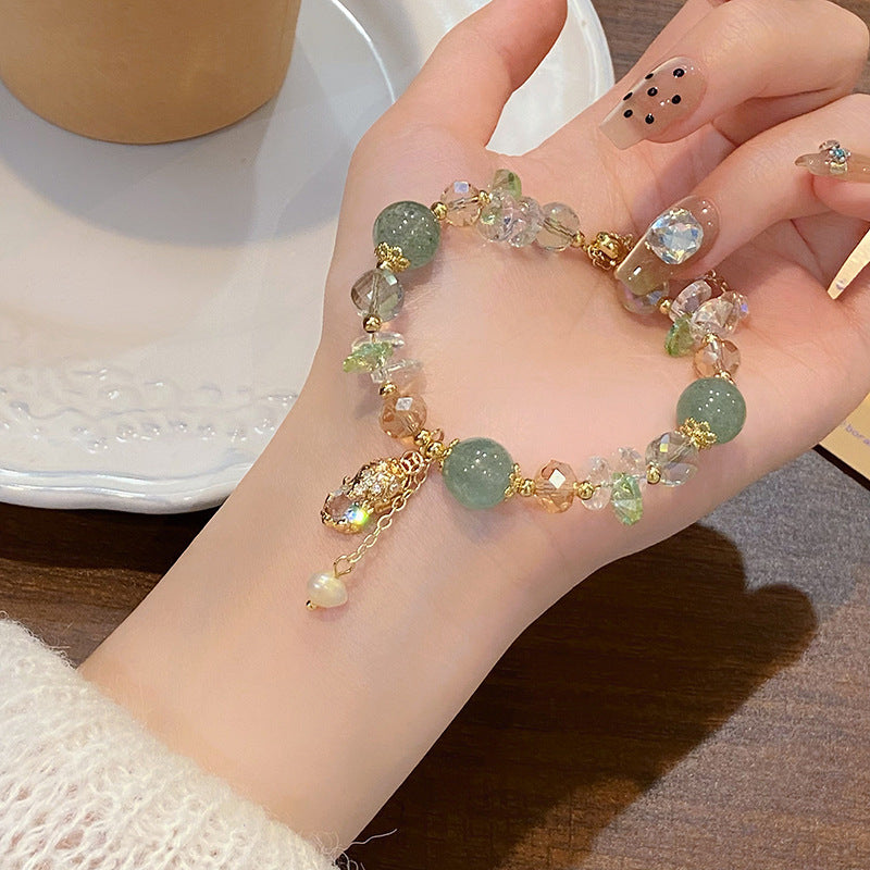Adjustable Pixiu Stone Bracelet with Gold-Tone Beads