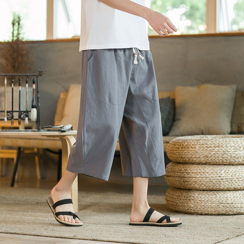 Men's Wide Leg Pants Linen Cropped Trousers