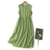 Women's Summer Sleeveless Dress Green Plaid Cotton Maxi