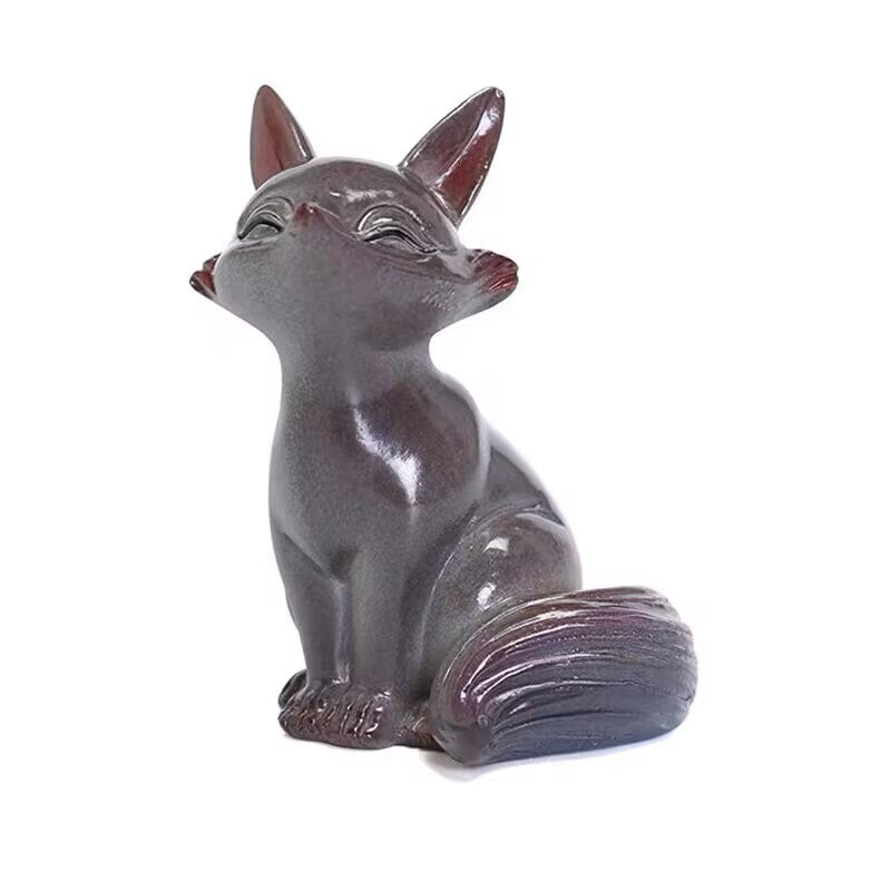 Small brown resin fox tea pet figurine sitting upright