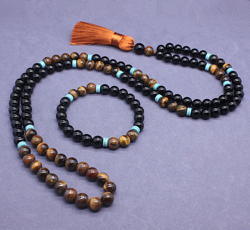 Black Agate and Tiger Eye Mala Necklace Set with Tassel