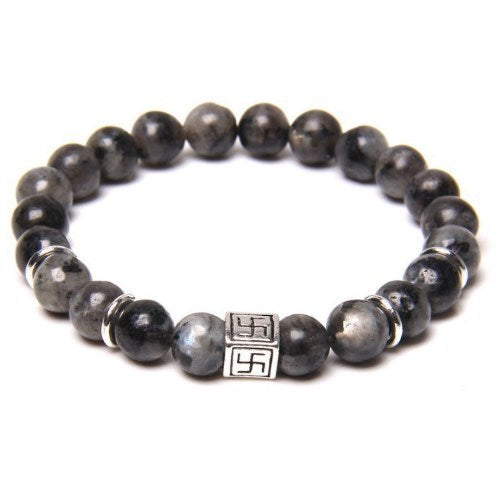 Round stone bead bracelet with a square silver-tone swastika charm in the center