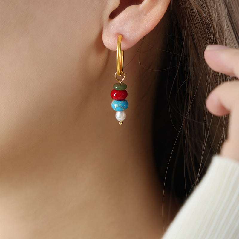 Natural Stone and Pearl Drop Hoop Earrings, Titanium Steel