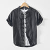 Men's Linen Short Sleeve Shirt with Stand Collar and Frog Buttons