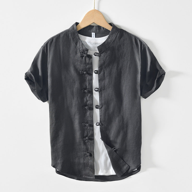 Men's Linen Short Sleeve Shirt with Stand Collar and Frog Buttons