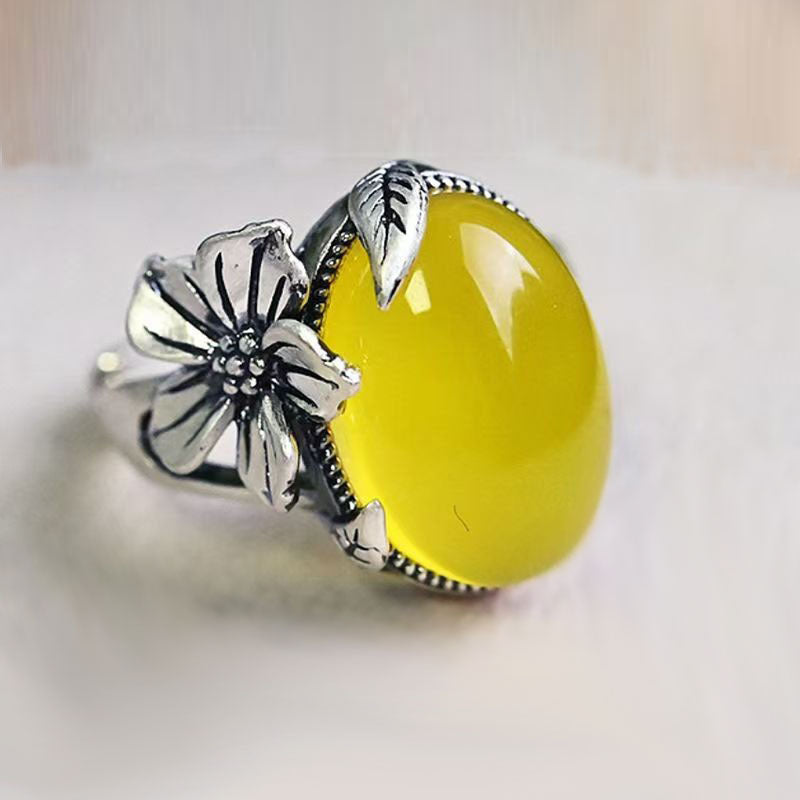 Vintage Flower Ring with Faux Agate Stone, Adjustable