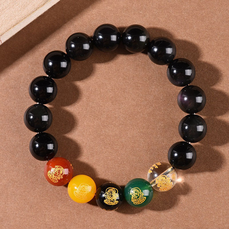 Five Directions Wealth God Obsidian Bracelet with Rainbow or Black Stone