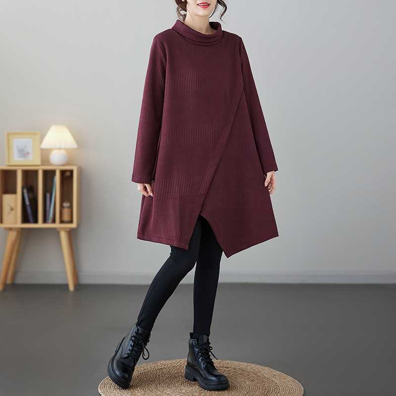 Asymmetric Cotton Midi Dress with Mock Neck and Pockets
