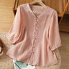 Embroidered V-Neck Linen Shirt for Women, Frog Button Top