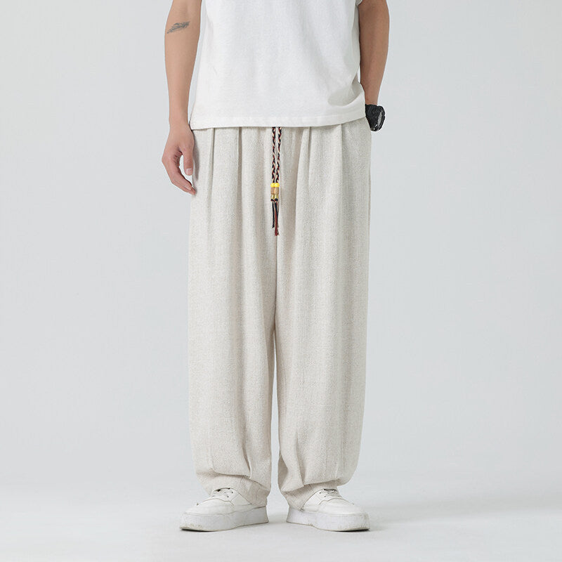 Men's Straight Leg Pants Summer Drawstring Ankle Length Solid Color