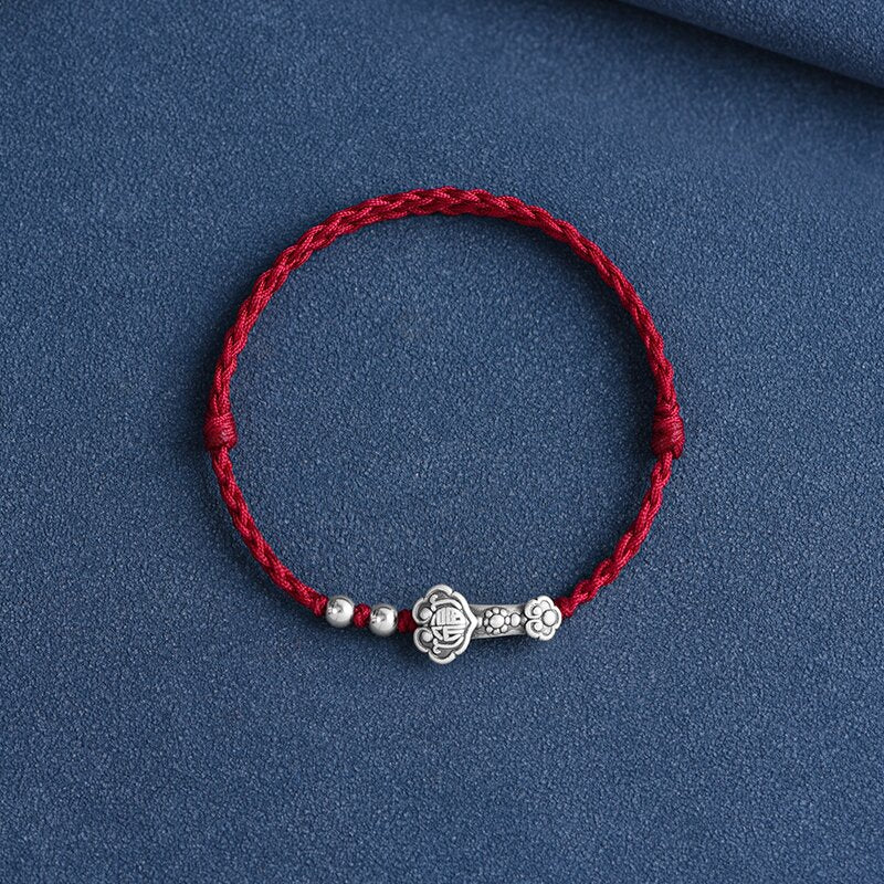 Handmade Silver Ruyi Bracelet Anklet with Red or Black Cord