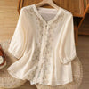 Embroidered V-Neck Linen Shirt for Women, Frog Button Top