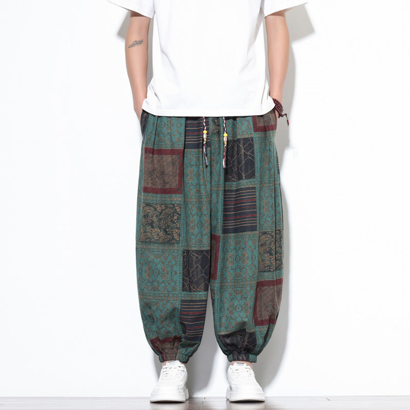 Men's Cotton Harem Pants Summer Boho Drawstring Geometric Cropped Trousers