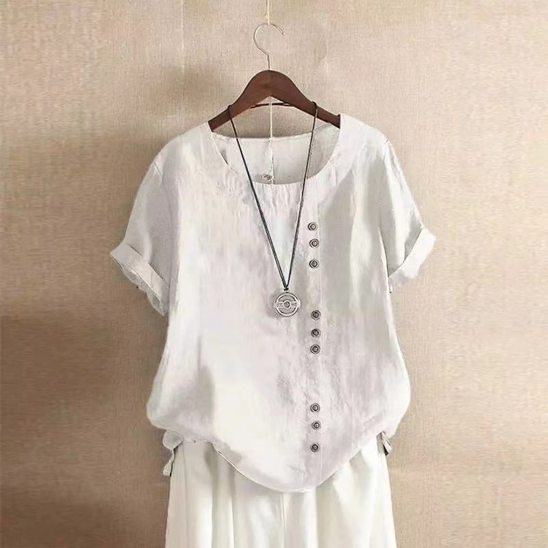 Women's Linen-Blend Short Sleeve T-Shirt with Buttons