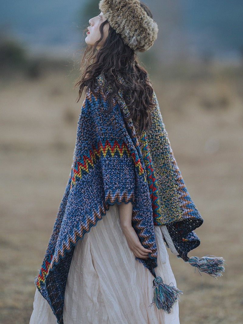 Tibetan Shawl Soft Warm Knitting Cloak Winter Tibetan Tassel Scarf