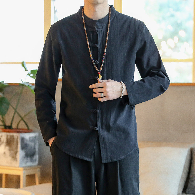 Men's Linen Tang Suit Shirt with Frog Buttons, Long Sleeve