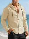 Men's Solid Color Long Sleeve Hooded Drawstring Buttons Shirt