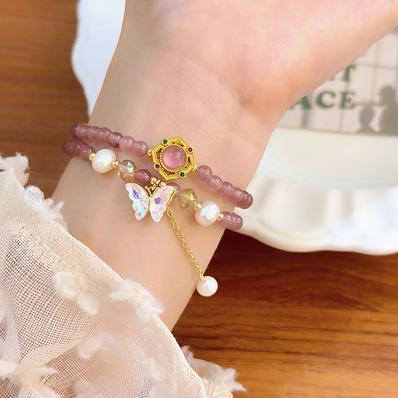 Strawberry Quartz Double Wrap Bracelet with Butterfly or Glass Drop Charm