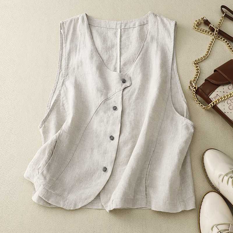 Light colored sleeveless button-up vest with V-neck laid flat