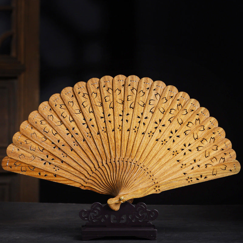 Carved Wood Folding Fan with Openwork Design