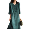 Cotton Linen Midi Dress with V-neck and Pleated Detail