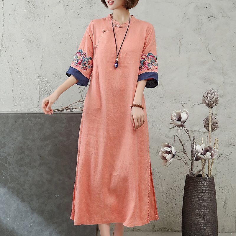 Embroidery Frog-Button Half Sleeve Women's Midi Dress