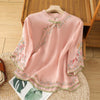 Women's Embroidered Flower Stand Collar Cotton Linen Shirt