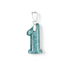 Close up of a blue green jade number 8 pendant with a silver bail