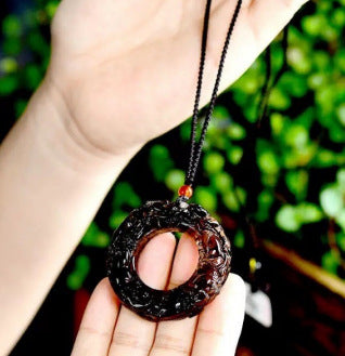 Obsidian Pixiu Ring Pendant with Six Syllable Mantra